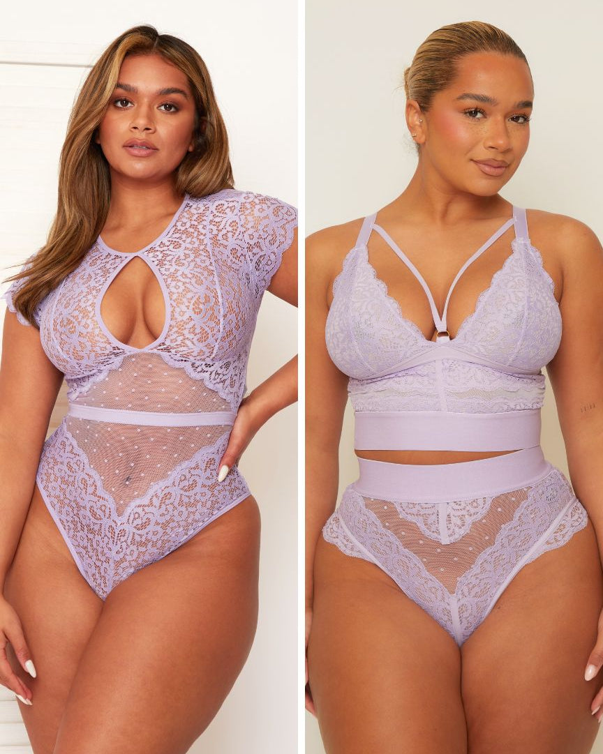 Two images of a woman wearing lavender lace lingerie set on a plain background.