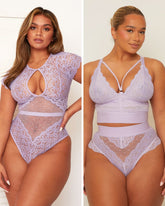 Two images of a woman wearing lavender lace lingerie set on a plain background.