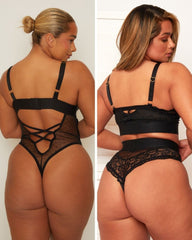 Two views of a person wearing black lingerie against a white background