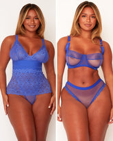 Two images of a woman wearing blue lingerie set against a white background