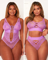 Woman wearing a purple lace lingerie set on a white background