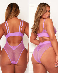 Purple lingerie set worn by a model on a plain background