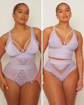 Woman wearing a lavender lingerie set with lace details on a plain background