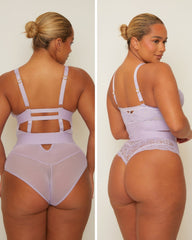 Woman wearing a light purple lingerie set on a plain background