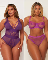 Purple lingerie set worn by a model on a plain background