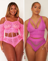 Two women wearing pink lace lingerie sets on a plain background
