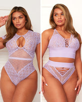 Two pieces of lace lingerie set on a plain background