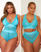 Two images of a woman wearing a blue lace lingerie set against a plain background.