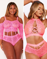 Two images of a woman wearing a pink lace lingerie set on a white background.