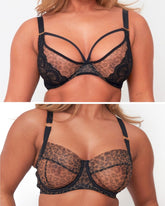 Two views of a women's fuller bust and underwire bra with leopard print cups and black lace trim, shown on a model against a plain light background
