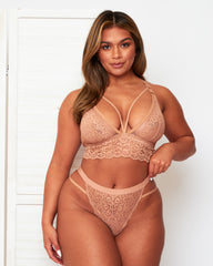 Tutti Rouge Aria Warm Sand lace bralette and thong set, featuring a scalloped longline underband and cut-out hip detailing.