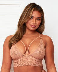 Front close-up of the Tutti Rouge Aria Warm Sand lace bralette with a strappy plunge neckline and scalloped longline underband.