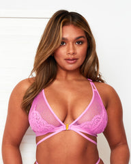 Front close-up of the Tutti Rouge Aura Violet fishnet bralette with floral lace cups, a gold-tone clasp and strappy underband.