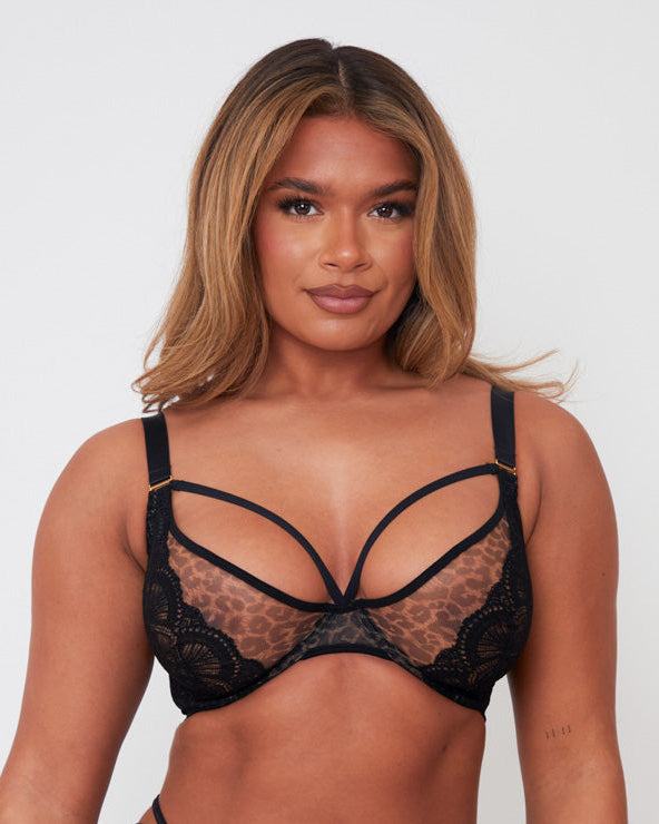 Front view of the Bianca Plunge Bra in Wild Leopard, featuring sheer leopard-print mesh layered with intricate black lace, a deep plunge neckline with decorative strap detailing, and a coordinating high-leg thong.
