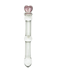 Brand X by Tutti toys Capture MY Heart clear glass sex toy with segmented nodes and a pink heart topper, isolated on white