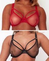 Tutti Rouge Carina Bra Bundle in Black and Red, showing sheer mesh plunge bras with underwired cups and strap detailing above the neckline.