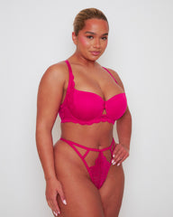 Side profile of the Daley T-Shirt Bra and Portia Thong in Very Cherry, highlighting the smooth silhouette of the moulded cups, elegant lace side panels, and minimal-coverage thong styling.