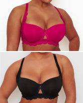 Daley Lace T-Shirt Bra Twin Pack in Dark Pink and Midnight Black featuring smooth moulded cups, underwired support and delicate lace wings.