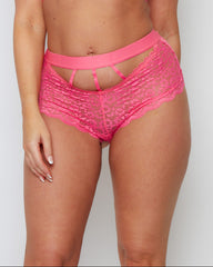 Close-up of the Elektra Brief in Rose Pink, highlighting the soft floral lace, flattering mid-rise fit, bold cut-out waistband, and delicate strap detailing that enhances every curve.