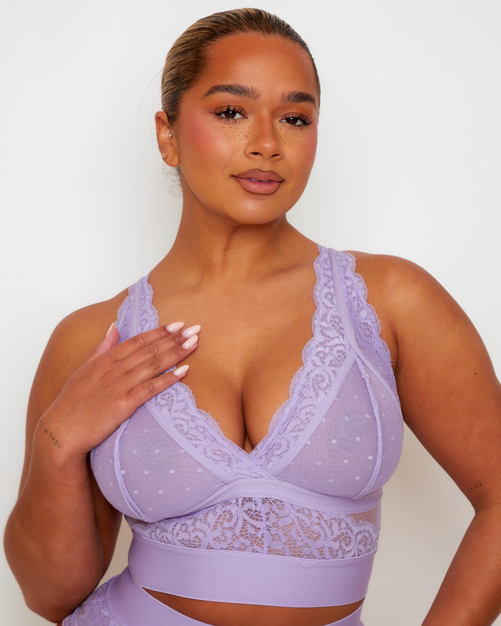 Tutti Rouge Francine Soft Lavender bralette, front close-up showing dotted mesh cups, scalloped lace neckline and a deep underband.