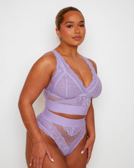Tutti Rouge Francine Soft Lavender bralette and high-waisted thong, three-quarter view showing floral lace, dotted mesh and wide bands.
