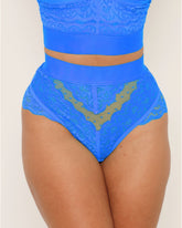 Front view of the Francine Thong in Dazzling Blue, showcasing floral lace, sheer dotted mesh inserts, and a high-rise waistband for a comfortable fit.