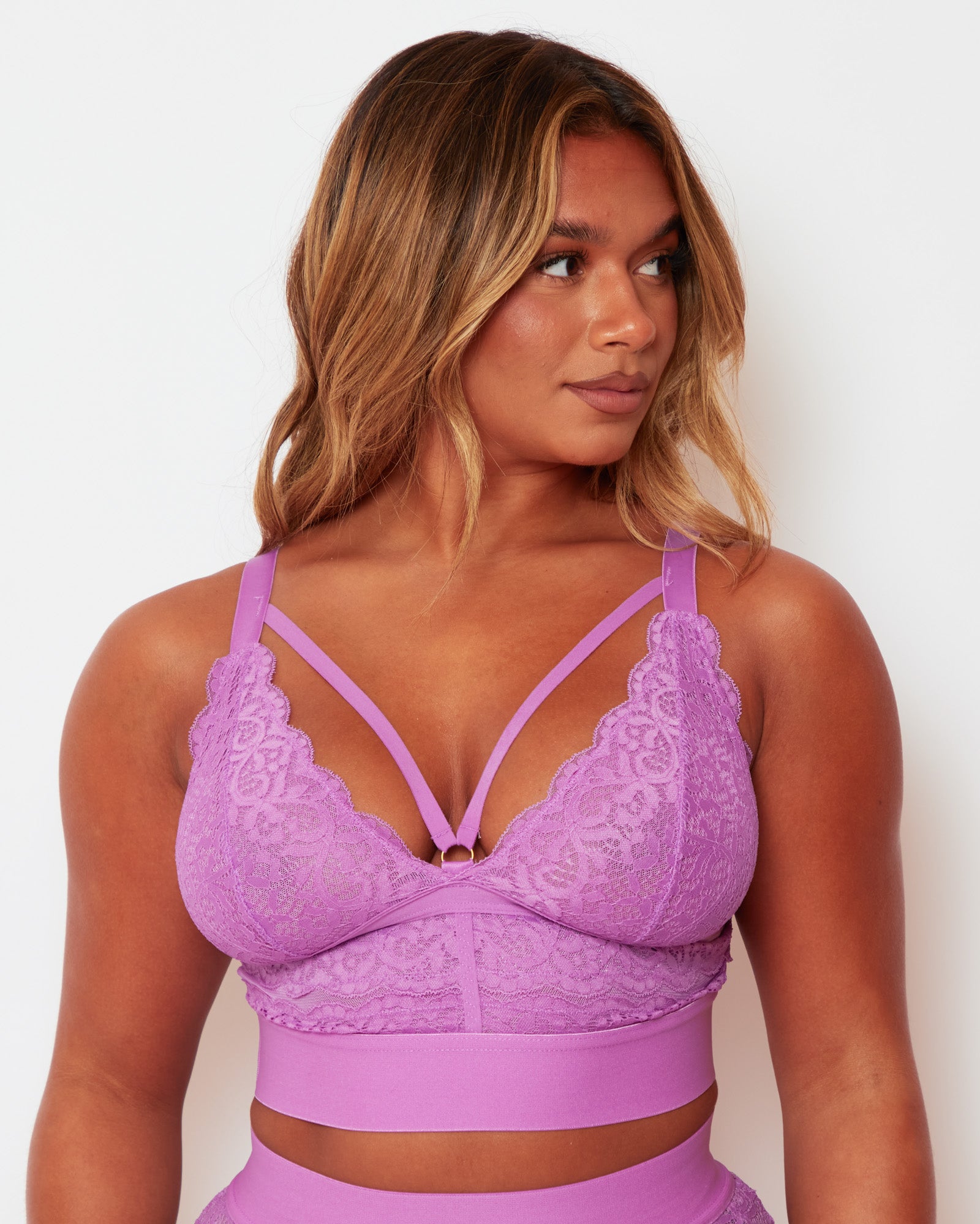 Front close-up of the Tutti Rouge Gia Pillow Purple bralette with floral lace cups, neckline straps and a deep underband.