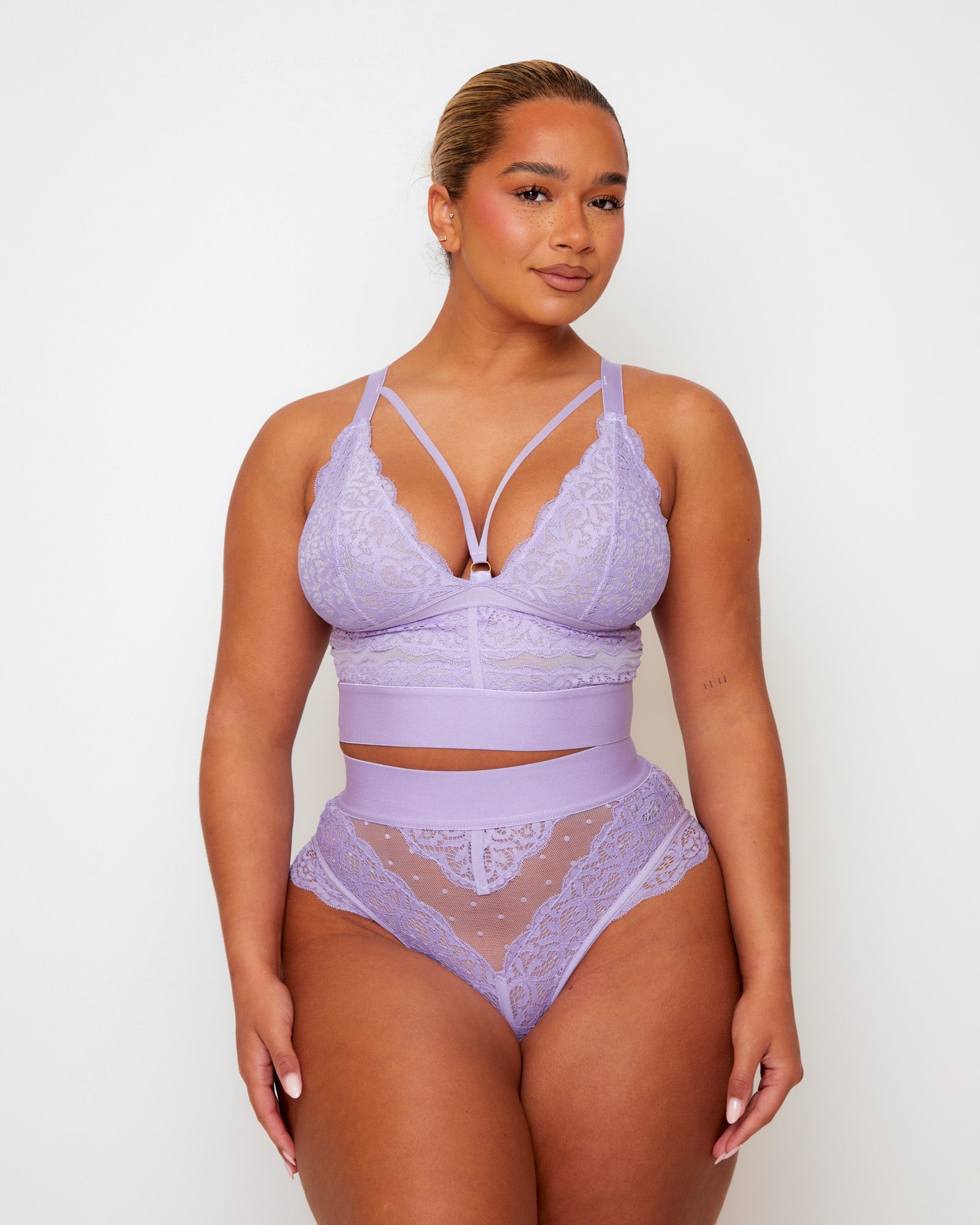 Tutti Rouge Gia Soft Lavender bralette and thong set, front view showing a strappy plunge neckline, floral lace and dotted mesh.