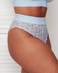 Side profile of the Hallie Brief in Ballad Blue, showcasing the high-rise fit, stretch floral lace construction, and smooth wide waistband designed for comfort and support.