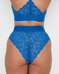 Back view of the Hallie Brief in Dazzling Blue by Tutti Rouge, featuring soft floral stretch lace, a flattering high-waist design, and scalloped edges for a feminine finish.