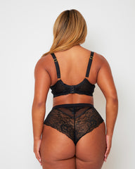 Back view of the Tutti Rouge Harlow Fuller Bust Bra and High Waist Brief Set in Midnight Black showcasing sheer lace back panels, adjustable straps and a flattering high-waist brief.