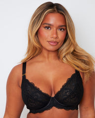 Front close-up of the Tutti Rouge Harlow Fuller Bust Bra in Midnight Black featuring underwired lace cups, scalloped edging and supportive fuller bust design.