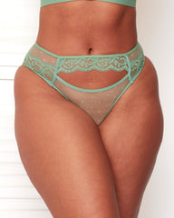 Front view of Tutti Rouge Kaitlin Brazilian briefs in Basil Green, featuring scalloped lace, sheer spot mesh and a wide cut-out.