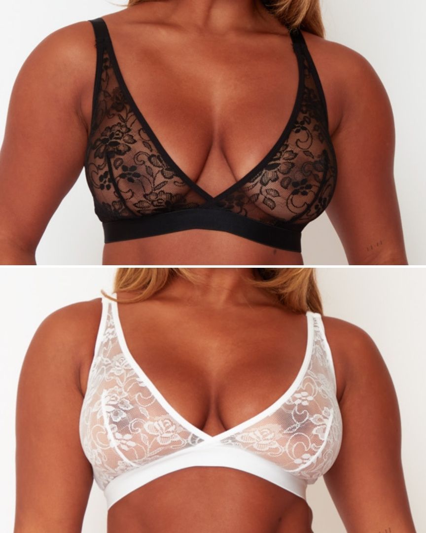 Millie-Mae Fullerbust Triangle Twin Pack Bralettes in Midnight Black and Ice White featuring soft floral lace, wireless support and a plunge neckline for DD+ busts.