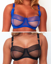 Tutti Rouge Raya Bra Bundle in Black and Cobalt Blue, showing sheer mesh balcony bras with underwired cups and gold ring strap details.