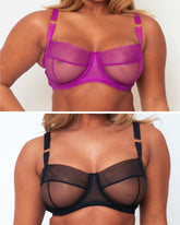 Tutti Rouge Raya Bra Bundle in Vamp Purple and Black, showing sheer mesh balcony bras with underwired cups and gold ring strap details.