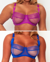 Tutti Rouge Raya Bra Bundle in Vamp Purple and Cobalt Blue, showing sheer mesh balcony bras with underwired cups and gold ring strap details.
