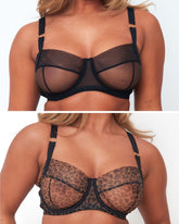Tutti Rouge Sheer Balcony Bra Bundle in Black and Leopard, showing two underwired mesh bras with black straps and gold ring details.