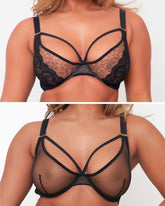 Tutti Rouge Sheer Plunge Bra Bundle in Black and Leopard, showing underwired mesh bras with strap detailing above the cups.