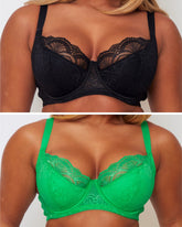 Tutti Booster Bra Twin Pack in Black and Green with underwired plunge cups, supportive fit and decorative lace.