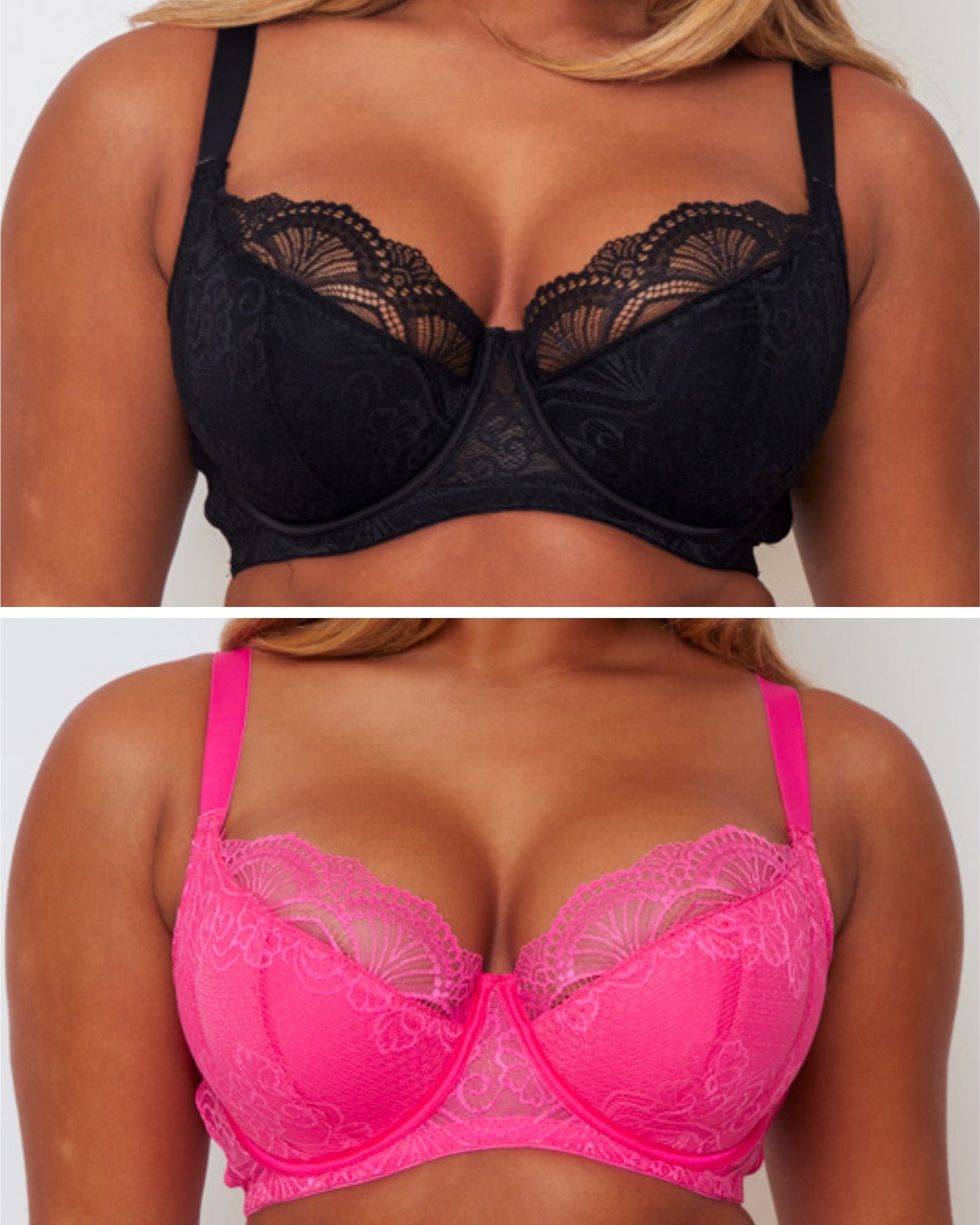 Tutti Booster Bra Twin Pack in Luscious Liquorice and Saucy Strawberry featuring supportive underwired plunge bras with feminine lace details.