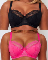 Tutti Booster Bra Twin Pack in Luscious Liquorice and Saucy Strawberry featuring supportive underwired plunge bras with feminine lace details.