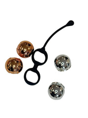 Kegal Balls displaying the 4 weights and the black silicone holder from brand x