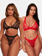 Millie-Mae Twin Pack Triangle Bralettes & Thong Set : Black & Scarlet Red