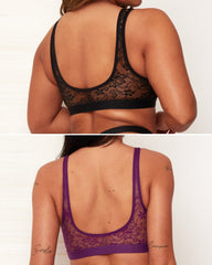 Two images of lace bras, one black and one purple, worn by a model on a white background.