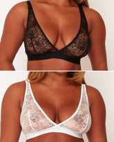 Black and white lace bras on a neutral background