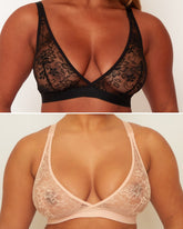 Two images of lace bras, one black and one beige, on a plain background.