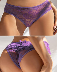 Purple lace underwear worn by a model on a plain background