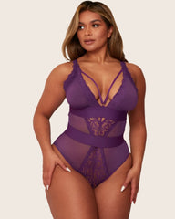 Alicia plush purple bodysuit in mesh with lace detailing