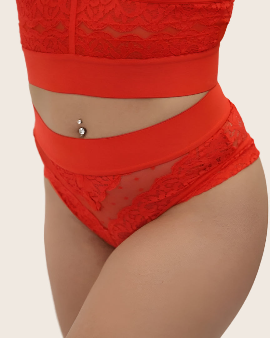 Francine fiery red thong with lace and mesh